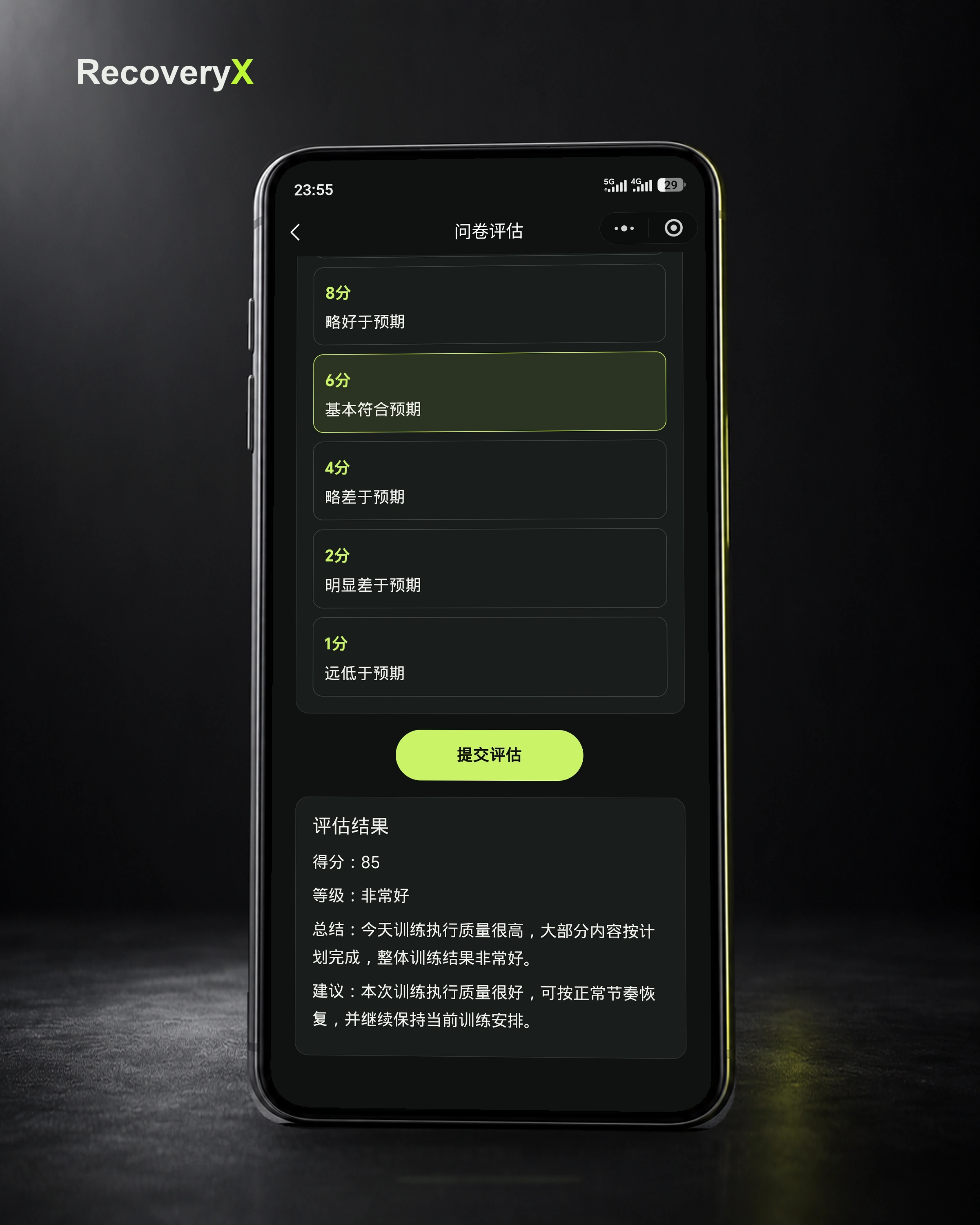 RecoveryX 评估结果页，分项评分与文字说明