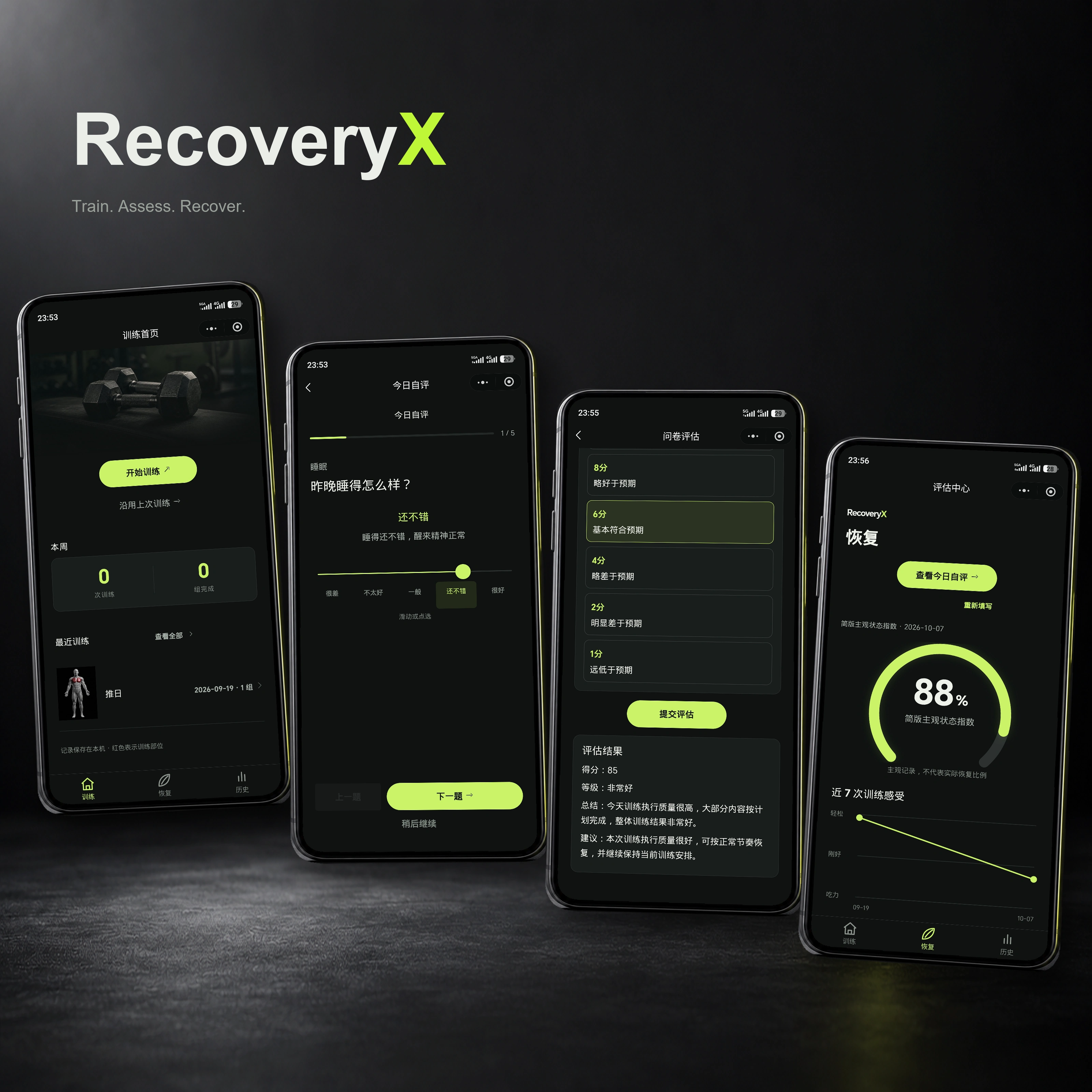RecoveryX 收尾总览，训练、评估与恢复三个界面并列