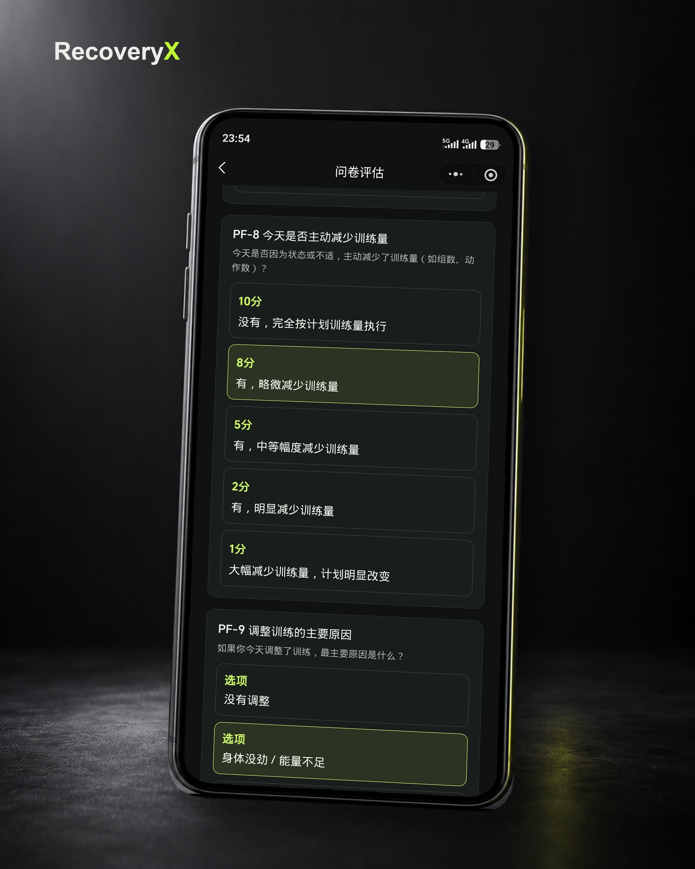 RecoveryX 问卷评估页，按条目逐项打分并汇总