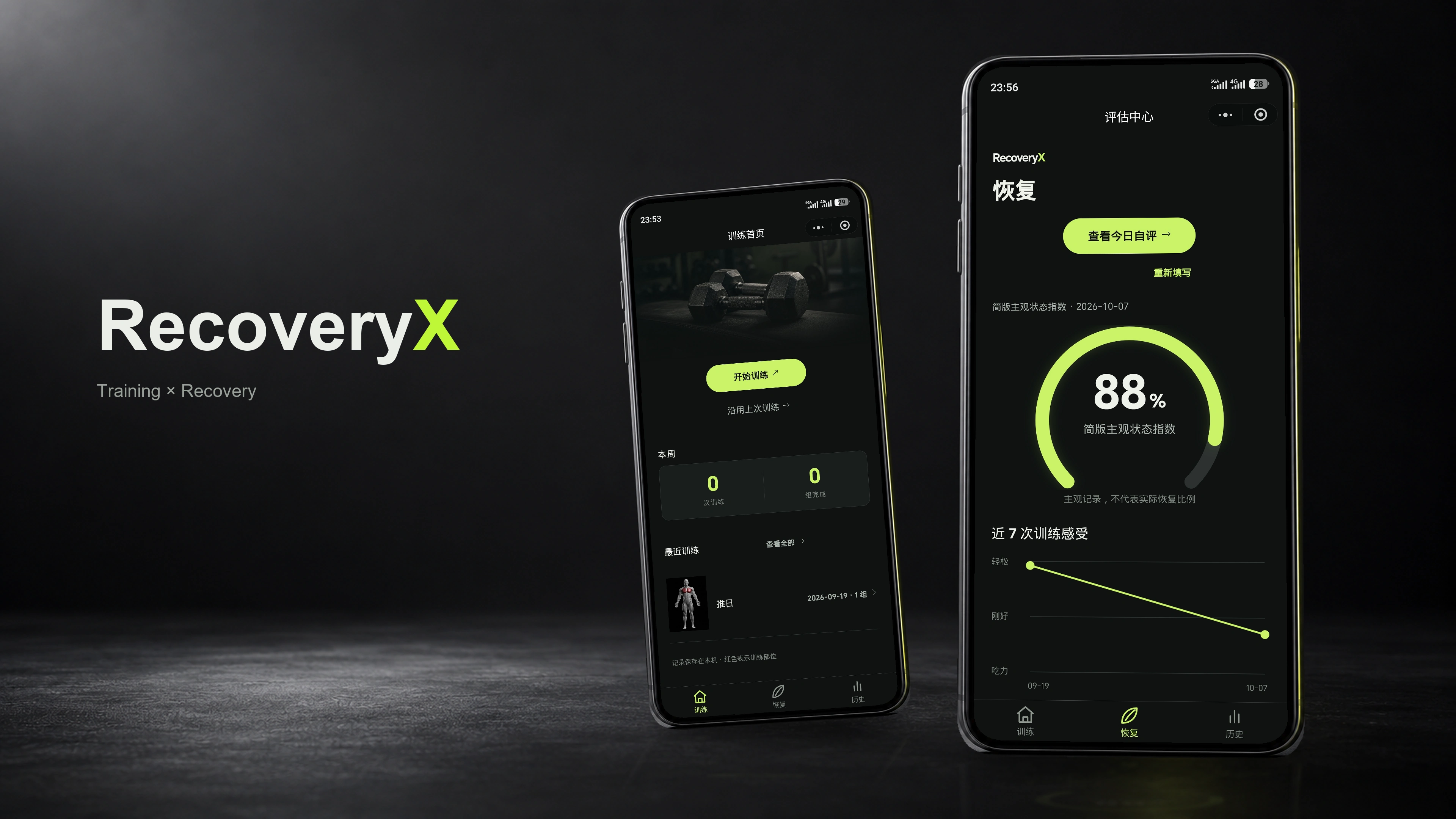 RecoveryX 恢复中心主视觉，88% 恢复评分与近七次训练感受趋势
